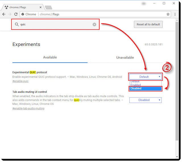 Alt: Hình ảnh minh họa cách tắt giao thức Experimental QUIC protocol trên Chrome.