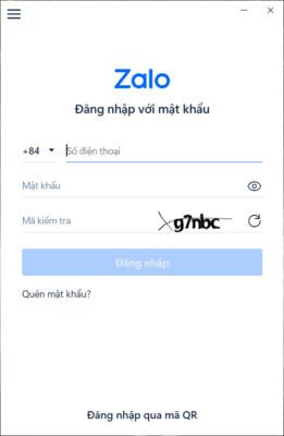 alt text: Giao diện đăng nhập Zalo bằng số điện thoại trên máy tính