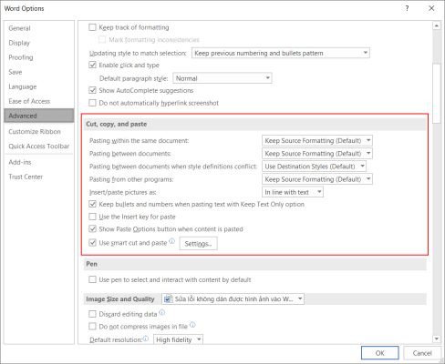 Alt text: Hướng dẫn chỉnh lại cài đặt mặc định của Cut, Copy, Paste trong Word