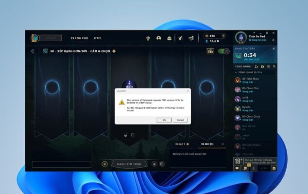 alt text: Lỗi Vanguard yêu cầu TPM 2.0