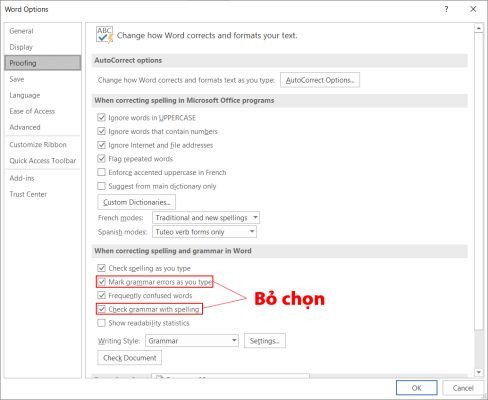Bỏ chọn kiểm tra chính tả