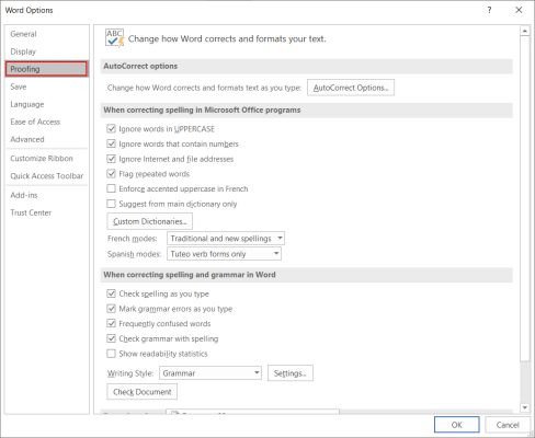 Chọn mục Proofing