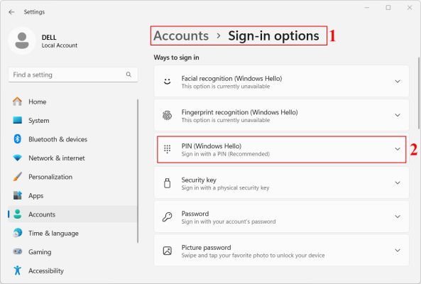 Chọn tùy chọn đăng nhập bằng mã PIN