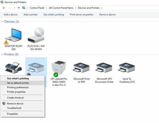 Đặt máy in làm mặc định trong Windows Settings