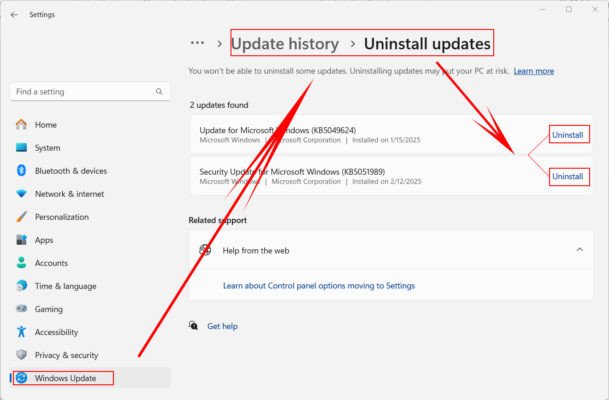 Gỡ bỏ cập nhật Windows gần đây