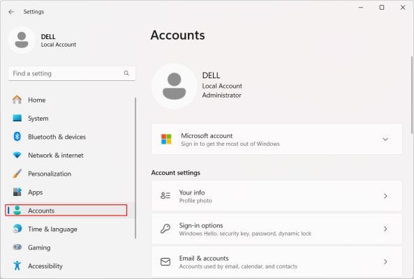 Mở cài đặt tài khoản trên Windows