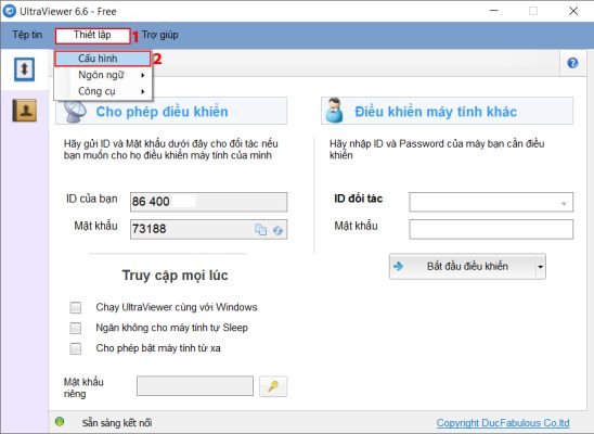 Mục Thiết lập trong giao diện UltraViewer