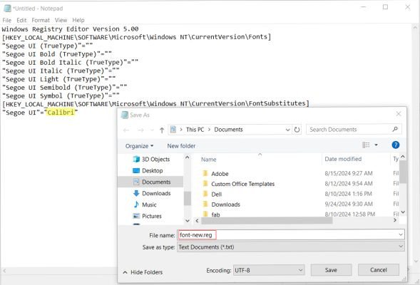 Tạo file .reg để thay đổi font chữ