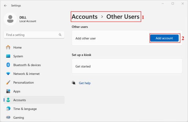 Tạo tài khoản mới qua Settings