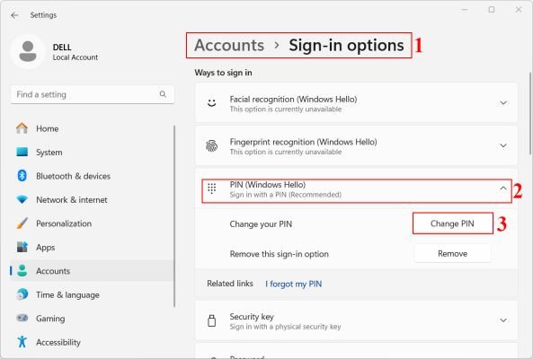 Thay đổi mã PIN trên Windows