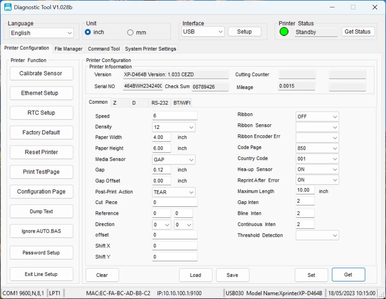 Cửa sổ khi kết nối thành công của Công cụ Kiểm tra máy in mã vạch Xprinter với dữ liệu hiển thị