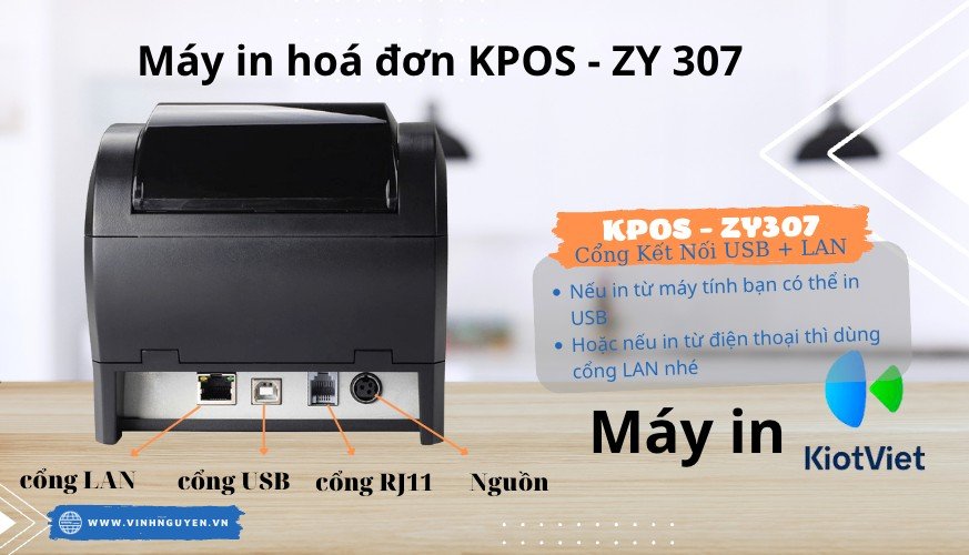 Máy in hóa đơn nhiệt KPOS ZY307 với các cổng kết nối