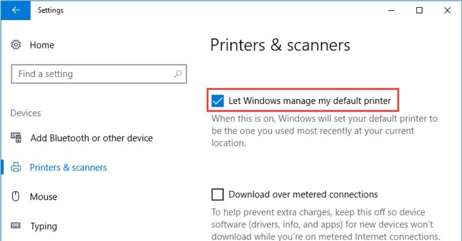 Tùy chọn Let Windows manage my default printer