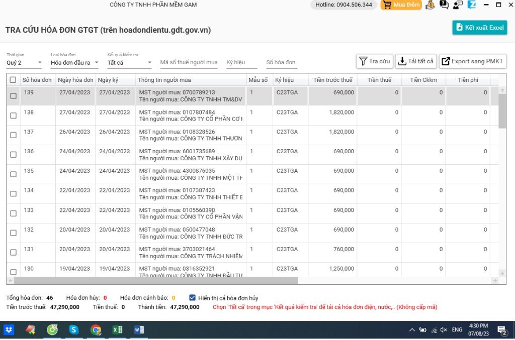 Danh sách hóa đơn điện tử được tra cứu thành công trên phần mềm Gam Invoice