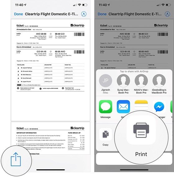 Chọn tùy chọn in từ menu chia sẻ trên iPhone