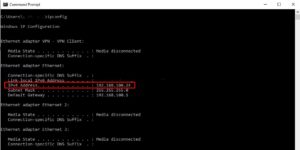 Giao diện cửa sổ Command Prompt hiển thị địa chỉ IP khi kiểm tra bằng ipconfig