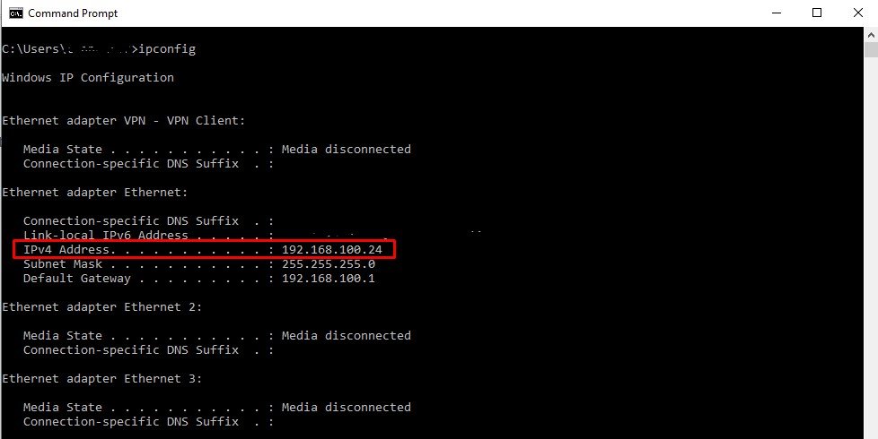 Giao diện cửa sổ Command Prompt hiển thị địa chỉ IP khi kiểm tra bằng ipconfig