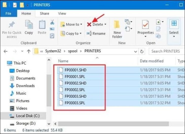 Chọn tất cả file trong thư mục PRINTERS và xóa