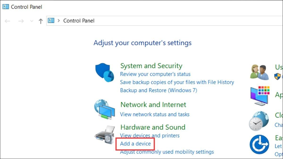 Mở Control Panel và chọn Add a device nếu Windows không tự động nhận diện máy in USB
