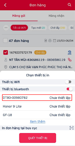 Danh sách các thiết bị Bluetooth khả dụng để kết nối máy in
