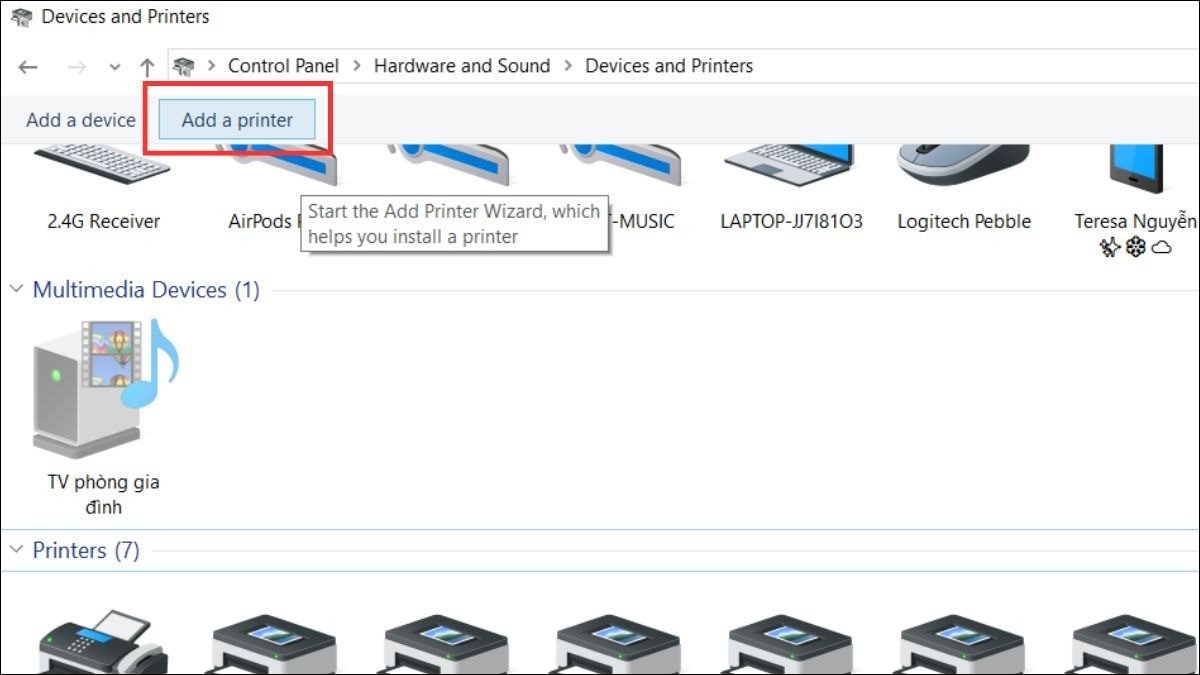 Chọn Add a printer trong Devices and Printers để thêm máy in USB thủ công