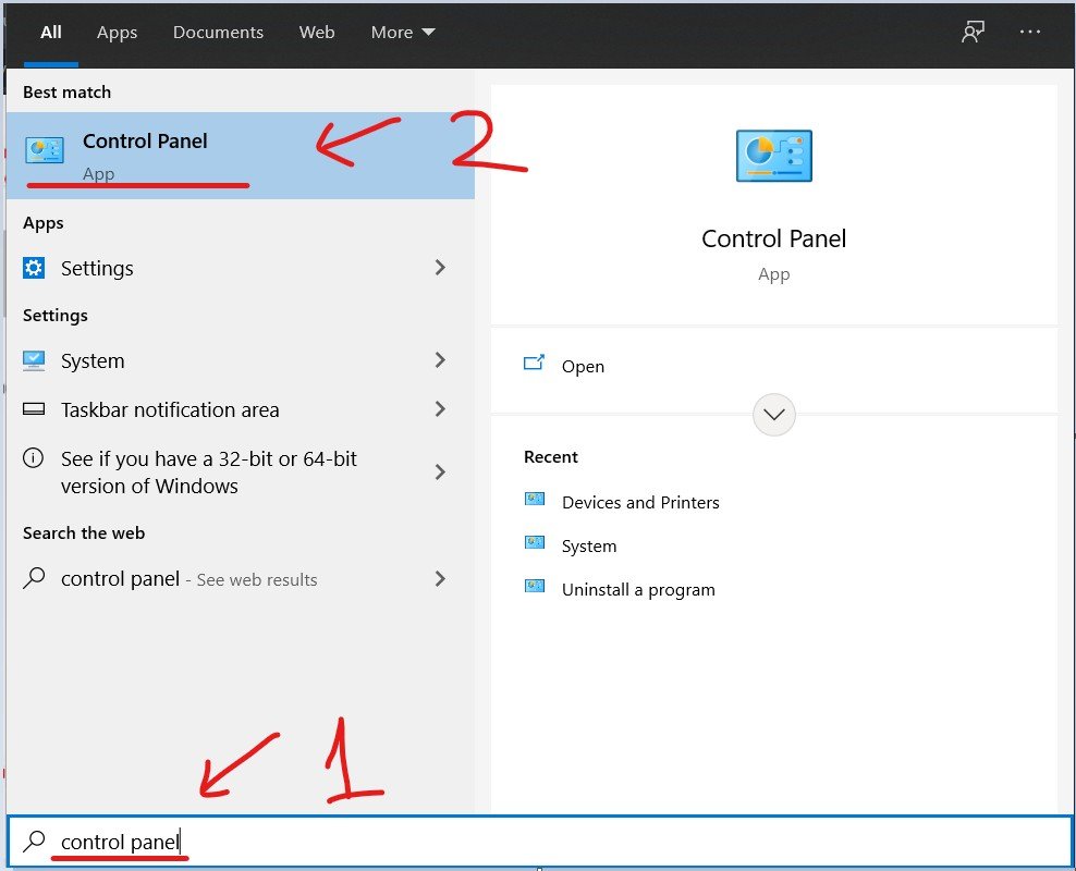 Giao diện Start Menu Windows hiển thị cách truy cập Control Panel để bắt đầu quá trình làm máy in giấy hoạt động đúng.