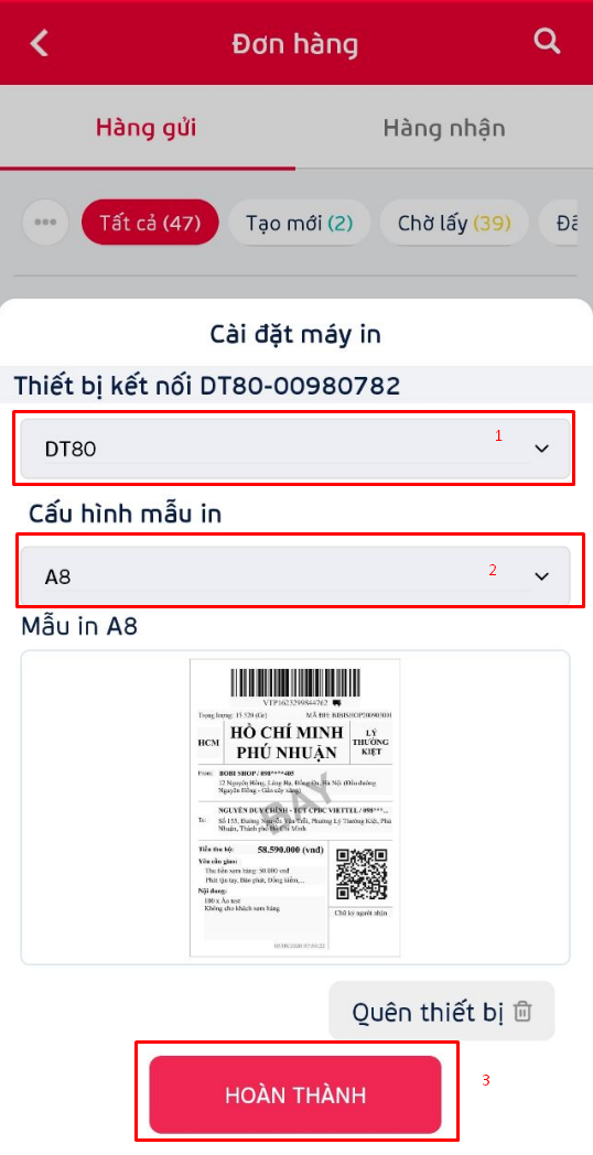 Thiết lập mã máy in và mẫu in cho máy in Bluetooth trong ứng dụng