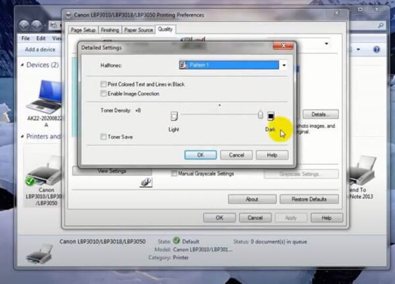 Thanh trượt điều chỉnh mật độ mực in trong cài đặt máy in Canon