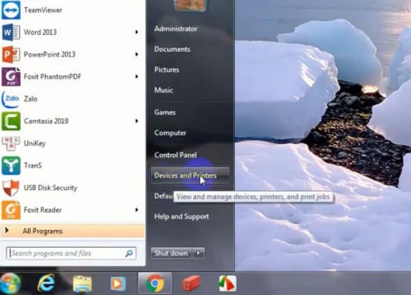 Hướng dẫn mở Devices and Printers từ menu Start trên Windows