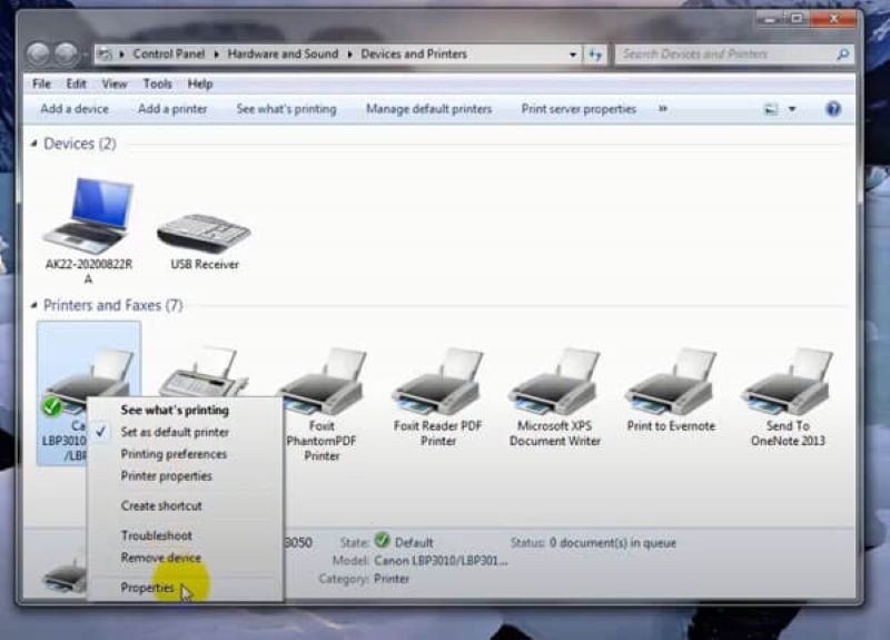 Chọn Printing Preferences từ menu chuột phải trên biểu tượng máy in