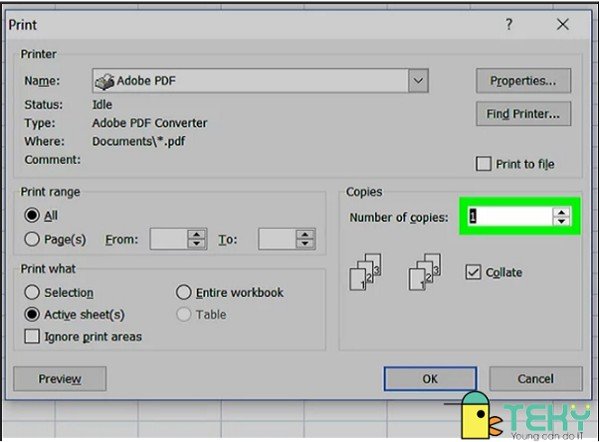 Chọn máy in trong cửa sổ Print cài đặt cho Excel trên Mac