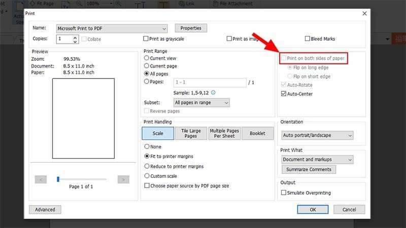 Chọn in 2 mặt tự động trong PDF