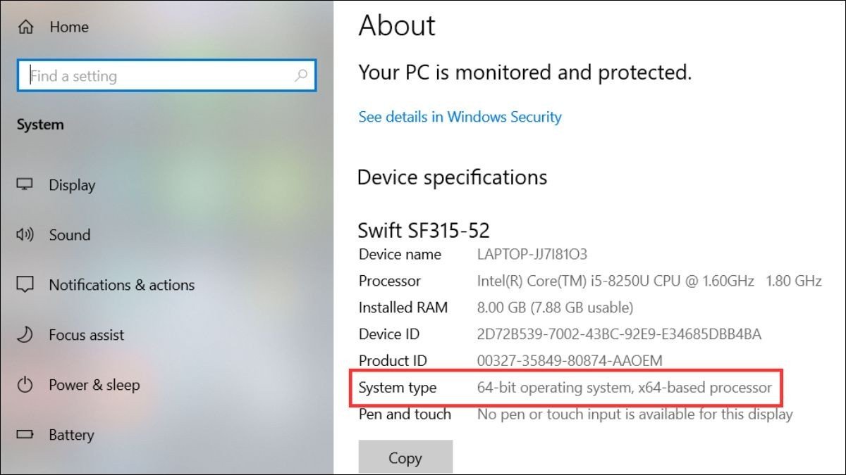 Xem thông tin System type để xác định phiên bản Windows 32-bit hay 64-bit