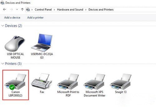 Chọn Canon LBP 2900 làm máy in mặc định trong Devices and Printers