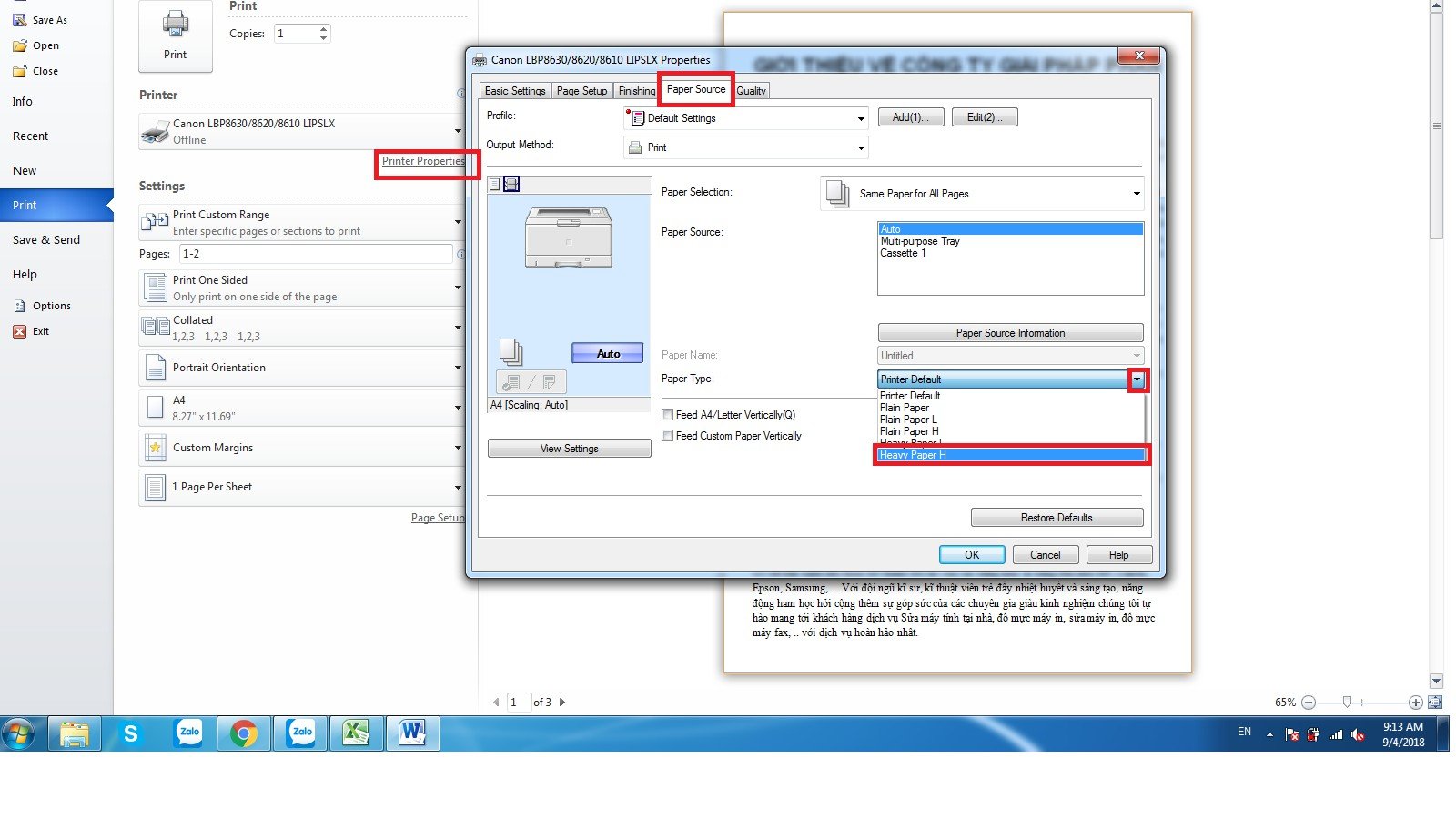 Máy in Canon LBP 8630 minh họa cách in giấy dày