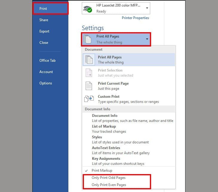 Tùy chọn in trang lẻ và chẵn thủ công trong Microsoft Word