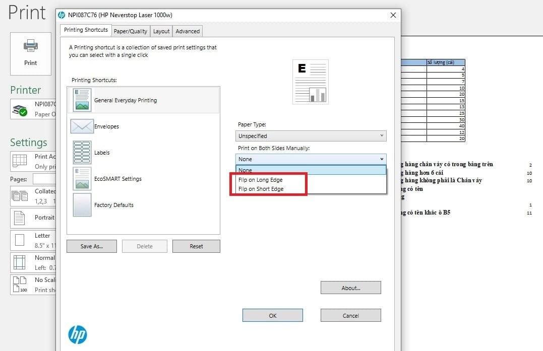 Thiết lập in hai mặt tự động trong Excel