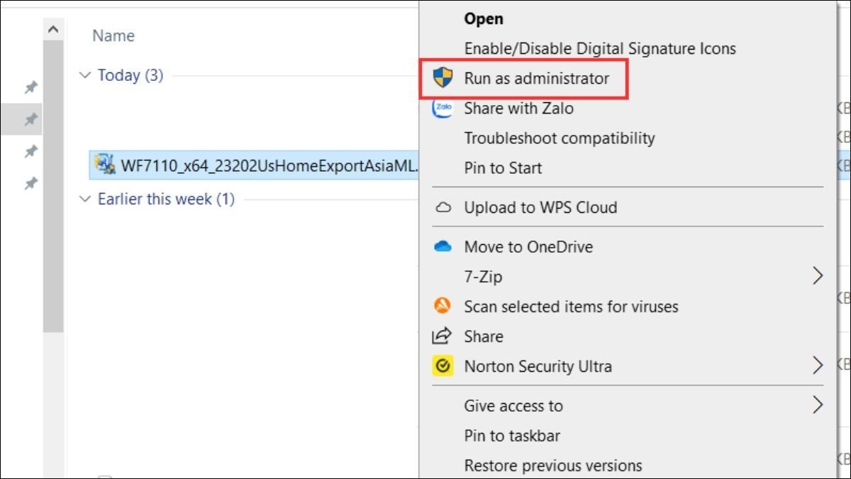 Chạy file cài đặt driver máy in với quyền Administrator trên laptop