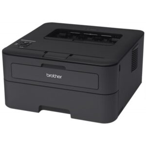 Hình ảnh máy in Brother HL-L2361DN màu đen xám đặt trên bàn làm việc, thể hiện thiết kế nhỏ gọn và hiện đại