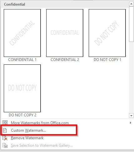 Giao diện lựa chọn các mẫu watermark có sẵn để áp dụng cách in hình trong word hiệu quả