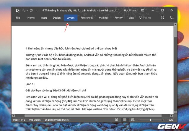 Giao diện tab Layout trong Word