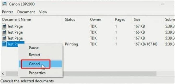 Menu chuột phải chọn Cancel để hủy lệnh in trên máy tính