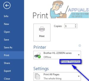 Giao diện Print trong Word với tùy chọn Printer Properties để cài đặt cách in trắng đen