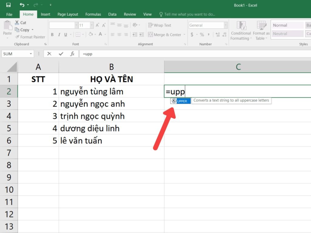 Nhập hàm UPPER để chuyển chữ in hoa trong Excel