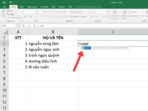 Cửa sổ gợi ý hàm UPPER trong Excel khi bắt đầu nhập công thức để chuyển chữ thường sang in hoa.