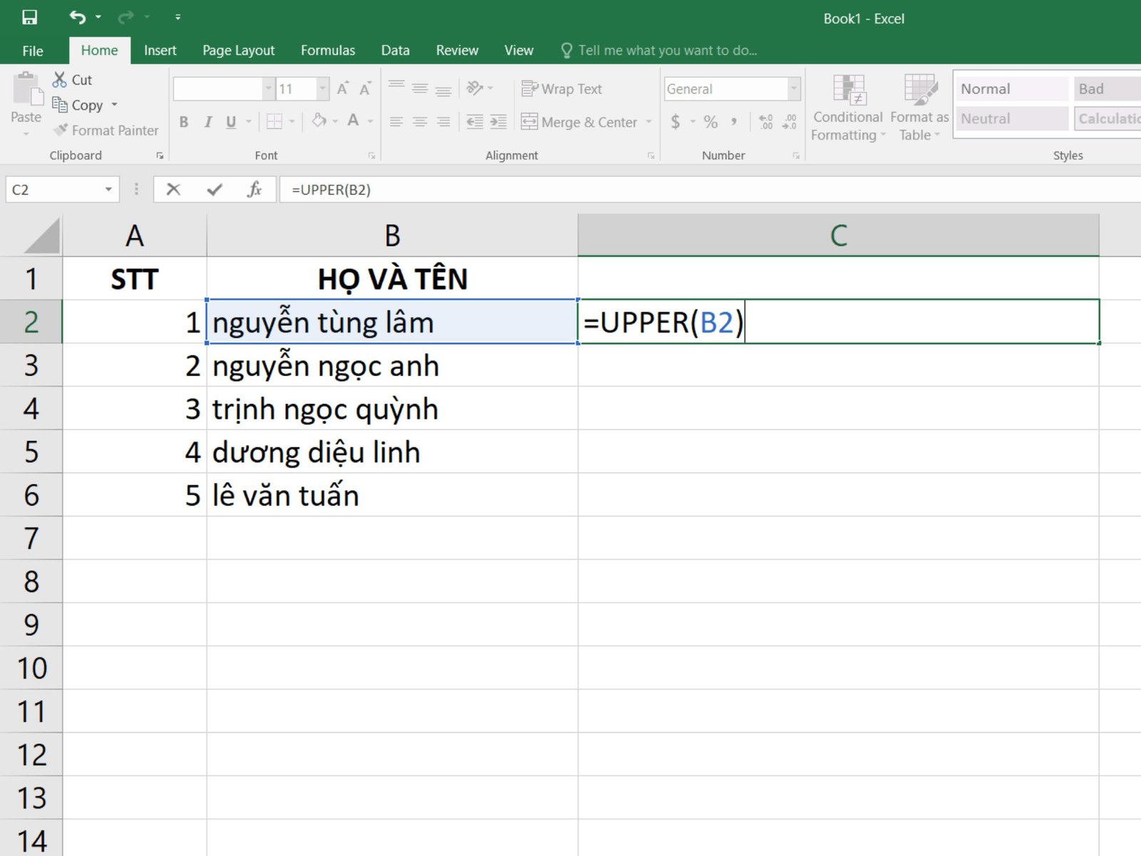 Hoàn thành công thức hàm UPPER để chuyển đổi chữ trong Excel