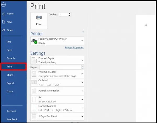 Hộp thoại Print trong Word hiển thị danh sách máy in và tùy chọn số lượng bản sao khi thực hiện cách in tài liệu.