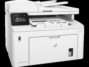 Máy in đa năng HP LaserJet Pro MFP M227fdw màu trắng xám đặt trên bàn làm việc