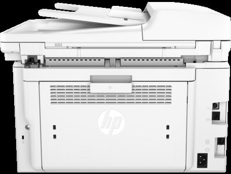 Bảng điều khiển và các cổng kết nối phía sau máy in HP M227fdw
