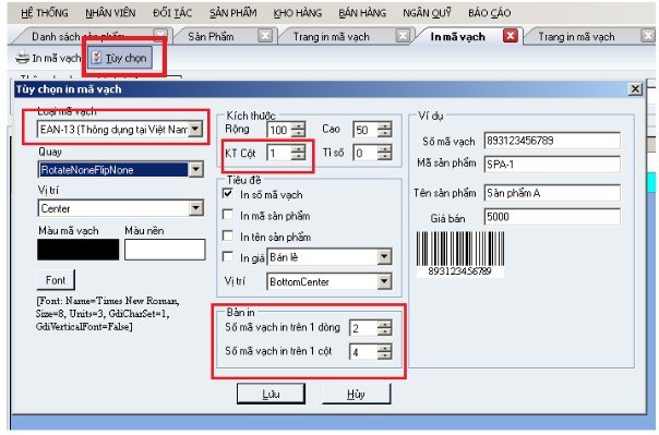 Giao diện cài đặt kích thước nhãn trong phần mềm in mã vạch